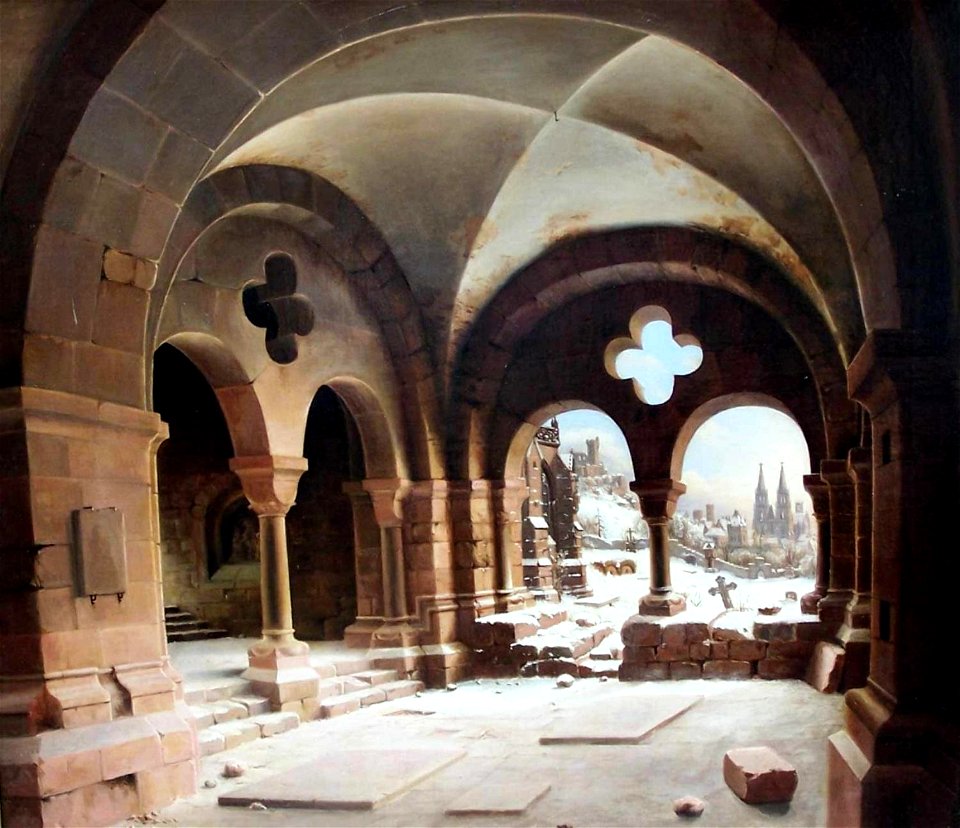 Carl Georg Adolph Hasenpflug - Klosterkreuzgang im Winter mit Blick auf eine zweitürmige Kathedrale