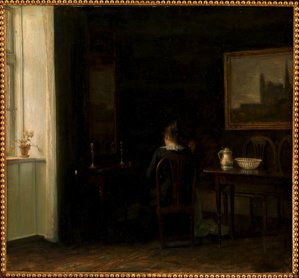 Carl Holsøe, Interiør med kunstnerens hustru Emilie Heise, ca. 1904, Kms1814, Statens Museum for Kunst