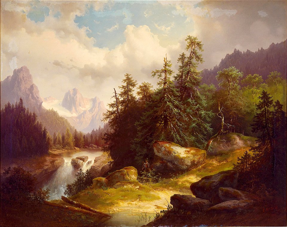 Carl Hasch - Jägerrast vor tosendem Wasserfall
