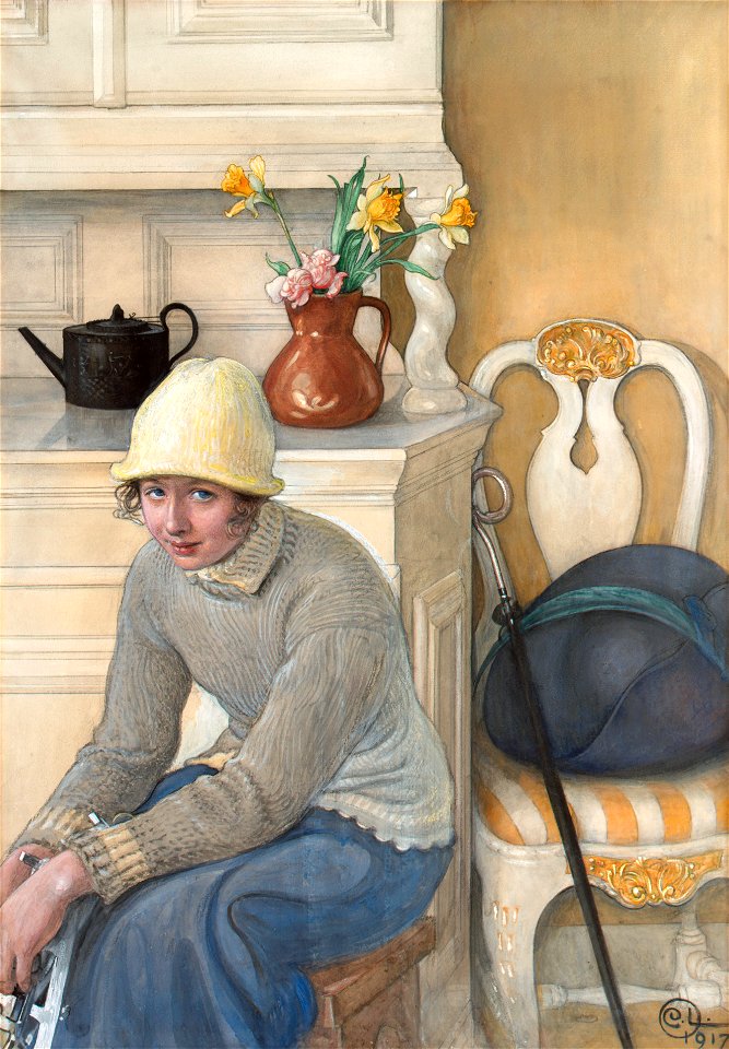 Carl Larsson - Girl with ice skates, interior from the school household, Falun 1917