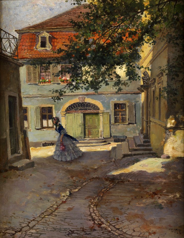 Carl Leopold Voss Gebäudehof mit junger Dame
