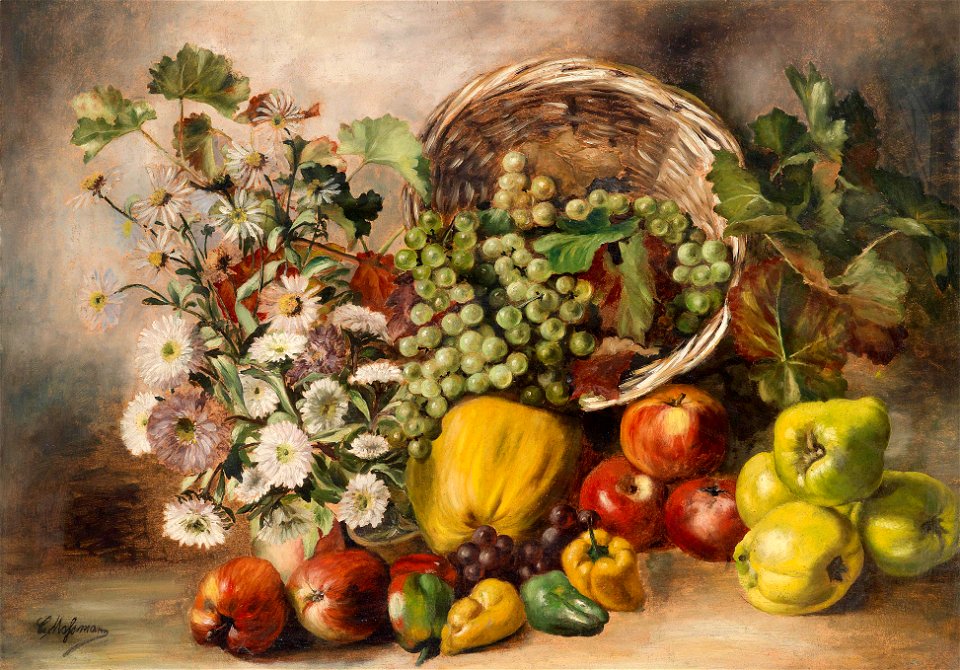 Carl Massmann Stillleben mit Astern und Obstkorb