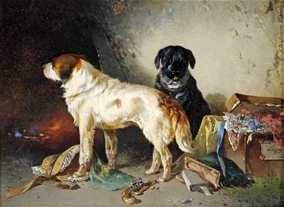 Carl Pischinger Zwei Hunde mit einer Kleiderkiste