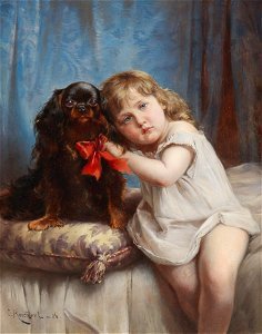 Carl Reichert - A girl with a Cavalier King Charles Spaniel. Free illustration for personal and commercial use.