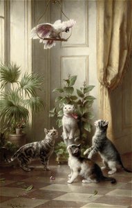 Carl Reichert - Cats and the cockatoo, 1898. Free illustration for personal and commercial use.