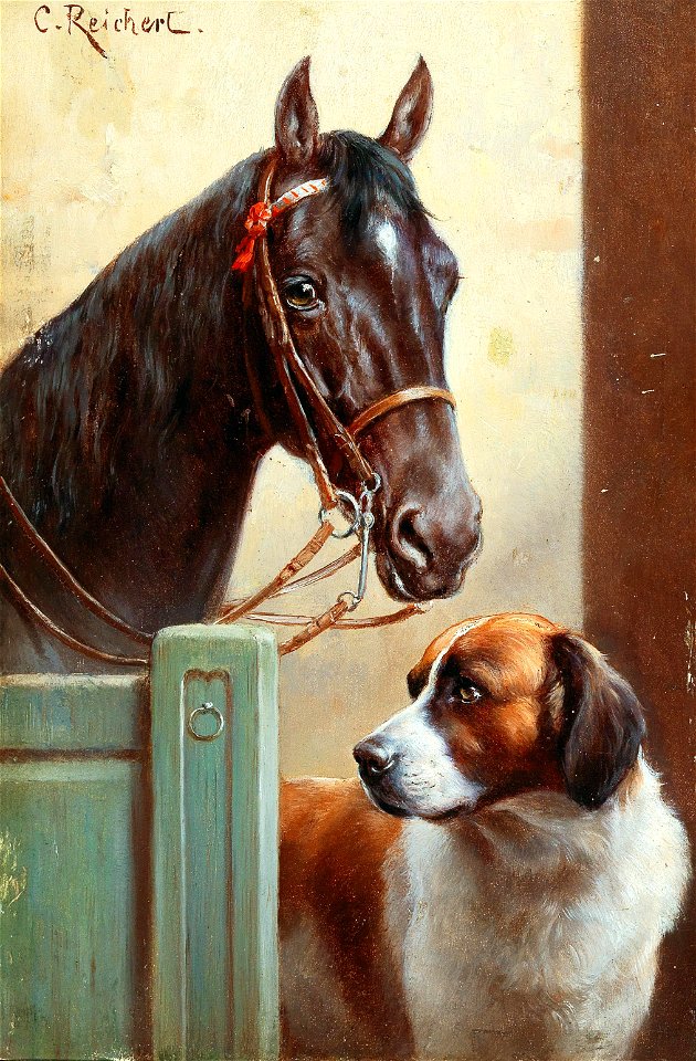 Carl Reichert - Friends, a bay and a St Bernard in a stable