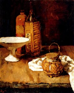 Carl Schuch - Fruchtschale, Steingut- und Maraschinoflasche, Ingwerdose und Serviette