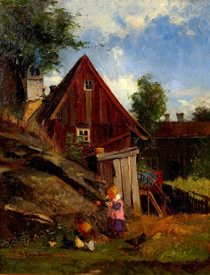 Carl Skånberg-Flicka matar höns