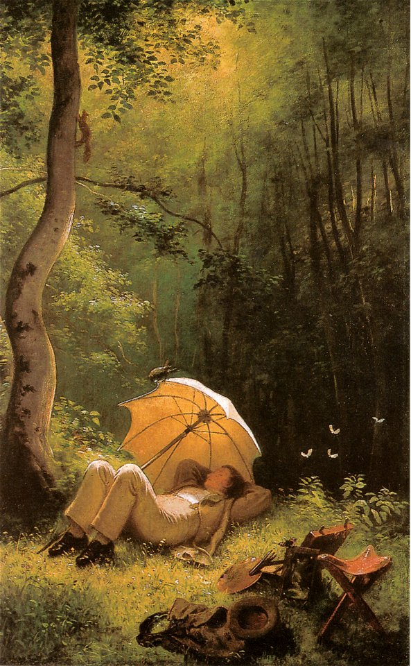Carl Spitzweg - Der Maler auf einer Waldlichtung, unter einem Schirm liegend