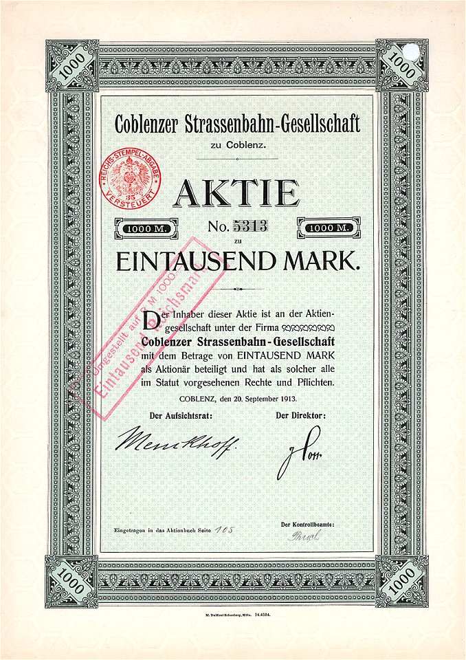 Coblenzer Straßenbahn-Gesellschaft 1000 Mk 1913