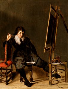 An Artist in His Studio, Seated on a Stool… by Pieter Codde. Free illustration for personal and commercial use.
