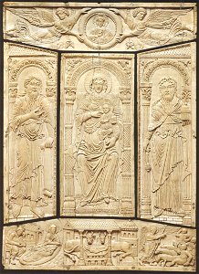Ivory cover of the Lorsch Gospels, c. 810, Carolingian, Victoria and Albert Museum. Free illustration for personal and commercial use.
