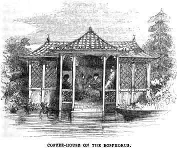 Coffee-House on the Bosphorus. Edmund Spencer. Turkey, Russia, the Black Sea, and Circassia.P.185. Free illustration for personal and commercial use.