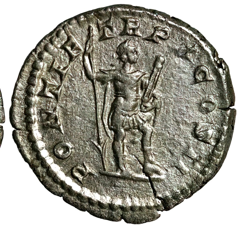 Coin depicting Caracalla posing as Virtus 198-217 CE