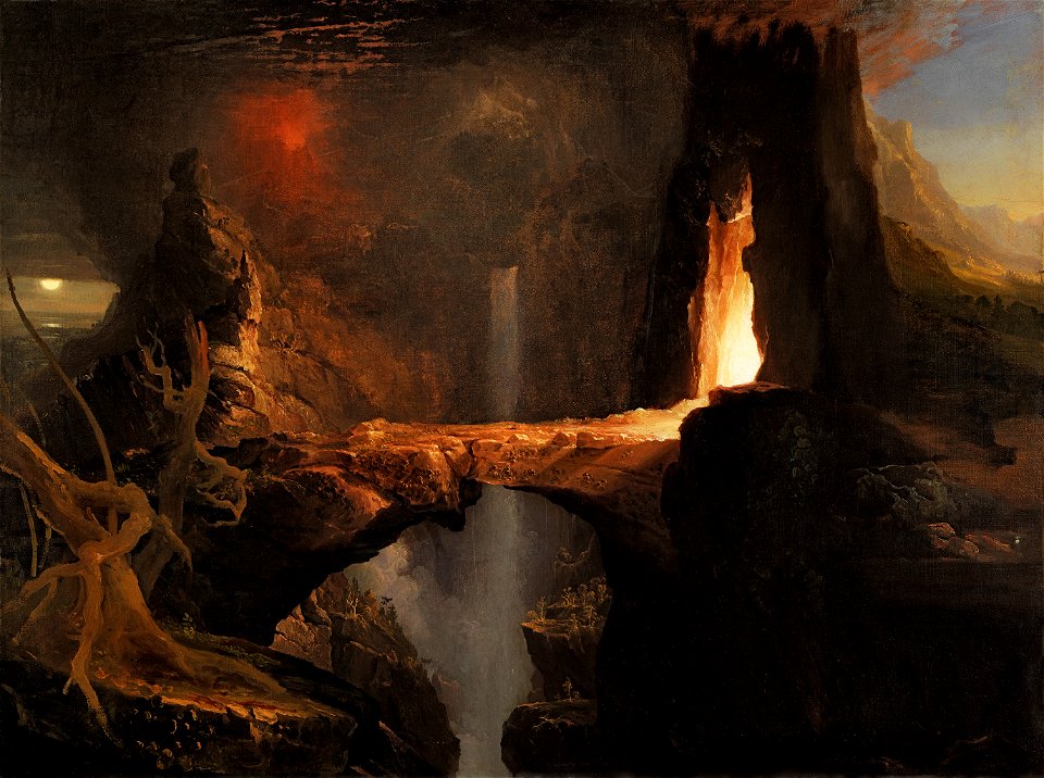 Thomas Cole - Expulsion. Moon and Firelight. Free illustration for personal and commercial use.