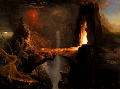 Thomas Cole - Expulsion. Moon and Firelight. Free illustration for personal and commercial use.
