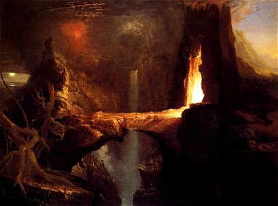 Expulsion - Moon and Firelight c1828 Thomas Cole. Free illustration for personal and commercial use.