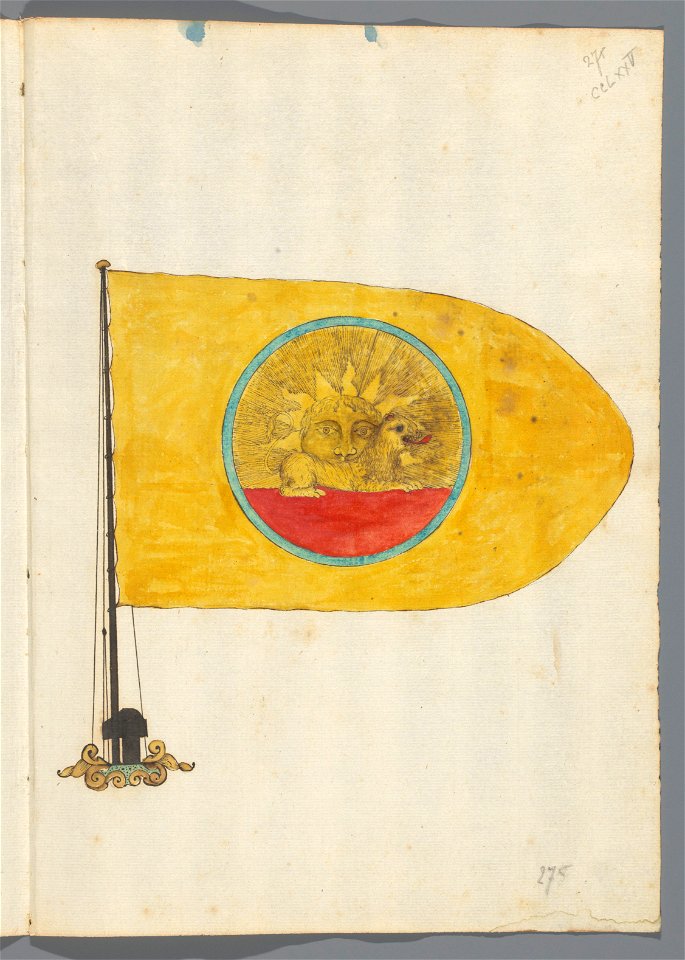 Blad uit een vlaggenboek met vlaggen uit Europa, Noord-Afrika, Nabije en Verre Oosten, voorstellende de vlag van Perzië, NG-2018-301-138