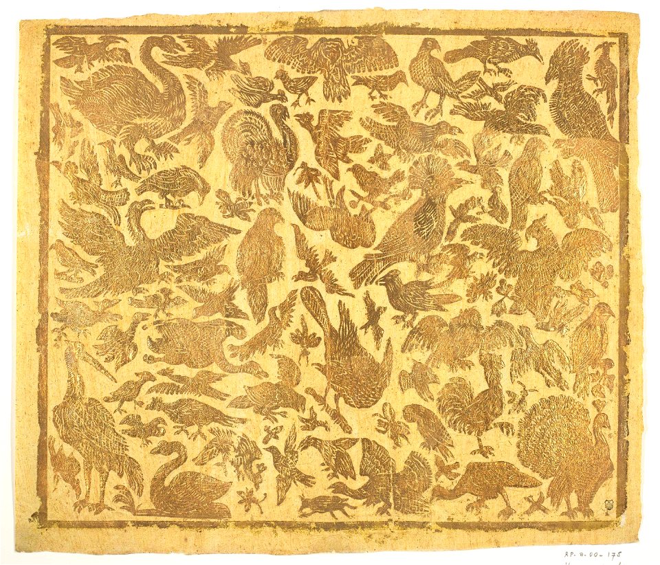 Blad met vogels, linksboven vogel, rechtsboven kaketoe, linksonder duikende vogel, rechtsonder pauw