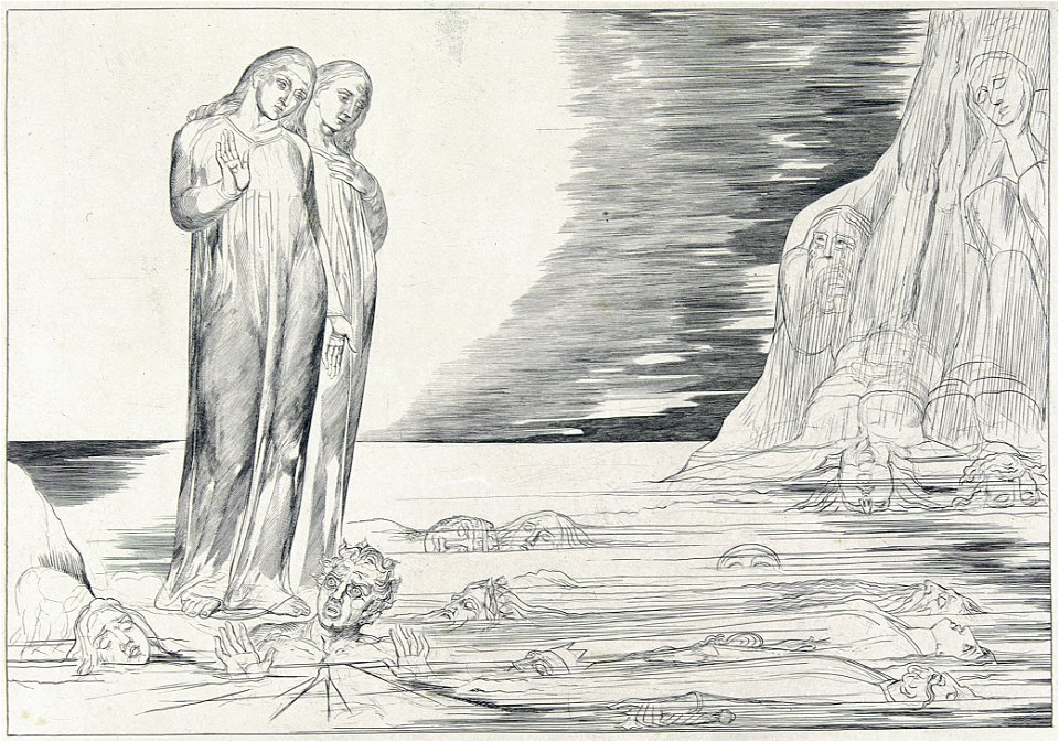 Blake's Illustrations of Dante, object 8 (Bentley 448-7) Dante Striking Against Bocca Degli Abati
