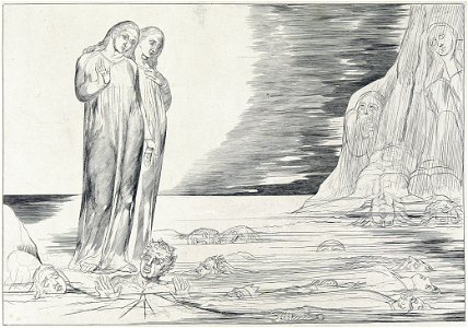 Blake's Illustrations of Dante, object 8 (Bentley 448-7) Dante Striking Against Bocca Degli Abati