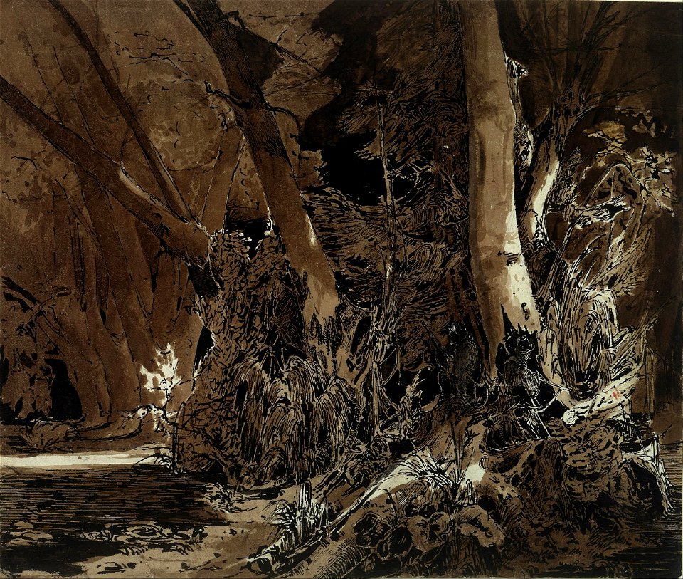 Carl Blechen - Forest landscape with flowing water and two hunters - Google Art Project