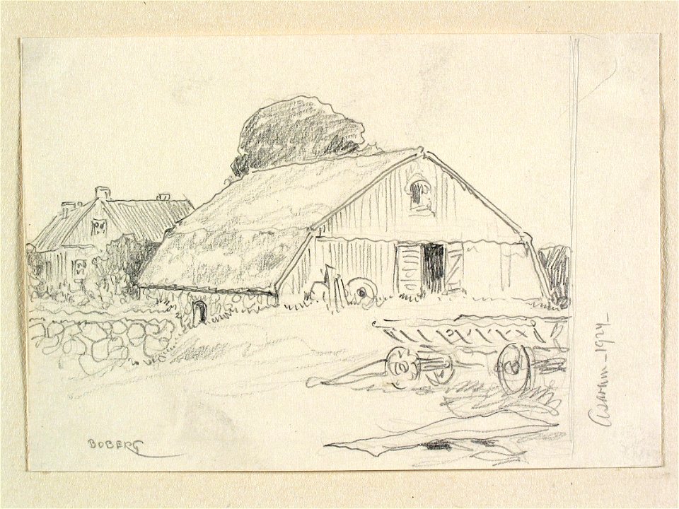 Blekinge, Bräkne hd., Asarums sn. Gårdsbebyggelse. Teckning av Ferdinand Boberg - Nordiska museet - NMA.0087954