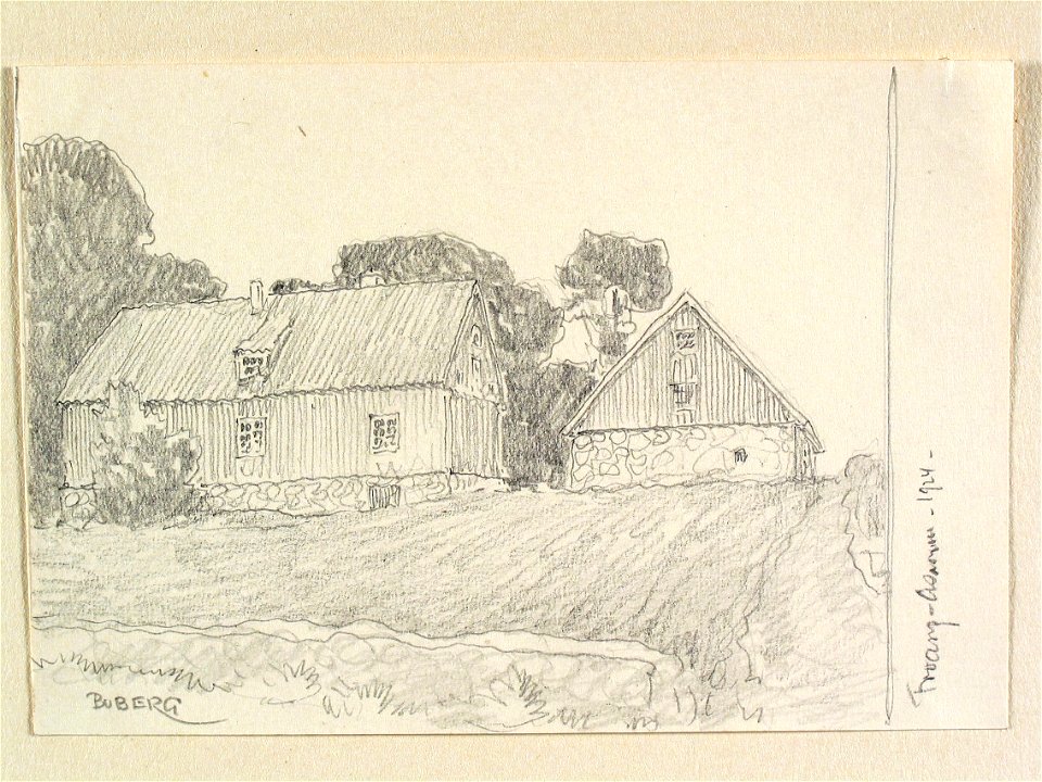 Blekinge, Troarp, Asarum. Gårdsbebyggelse. Teckning av Ferdinand Boberg - Nordiska museet - NMA.0087953