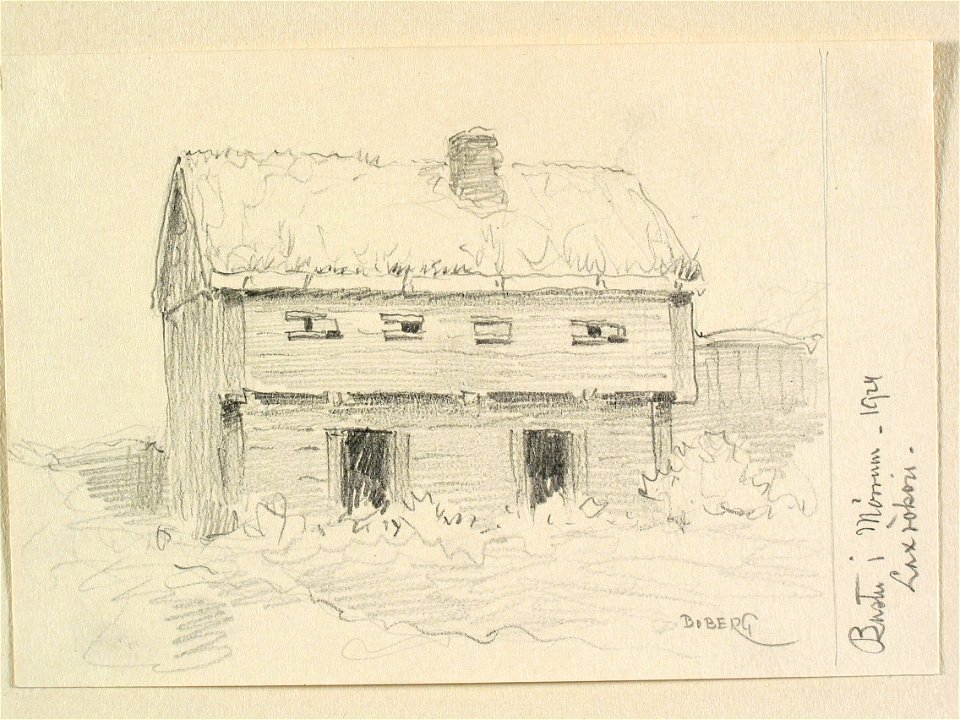Blekinge, Mörrum. Bastu, laxrökeri. Teckning av Ferdinand Boberg - Nordiska museet - NMA.0087968