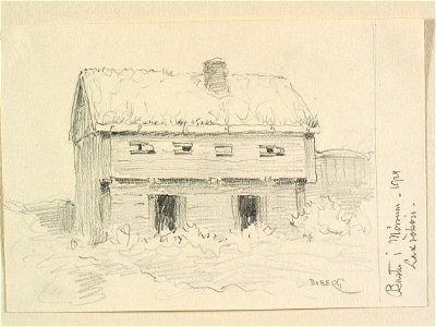 Blekinge, Mörrum. Bastu, laxrökeri. Teckning av Ferdinand Boberg - Nordiska museet - NMA.0087968