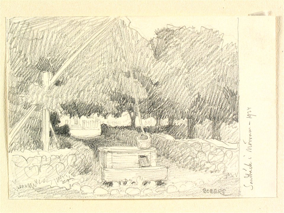 Blekinge, Mörrum, Sandbäck. Gårdsbrunn. Teckning av Ferdinand Boberg - Nordiska museet - NMA.0087956