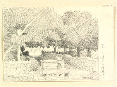 Blekinge, Mörrum, Sandbäck. Gårdsbrunn. Teckning av Ferdinand Boberg - Nordiska museet - NMA.0087956
