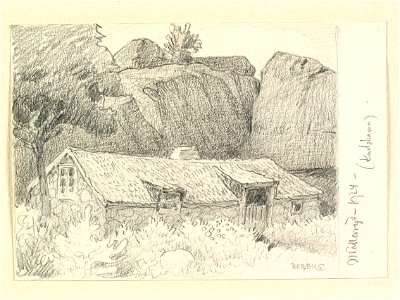 Blekinge, Mölleryd (Karlshamn). Stuga. Teckning av Ferdinand Boberg - Nordiska museet - NMA.0087961