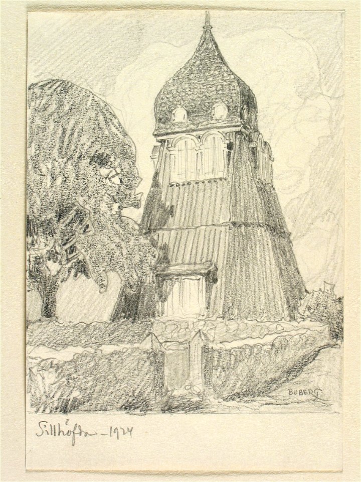 Blekinge, Sillhövda kyrka, klockstapeln. Teckning av Ferdinand Boberg - Nordiska museet - NMA.0089522