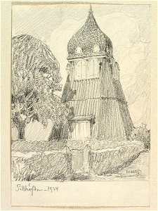 Blekinge, Sillhövda kyrka, klockstapeln. Teckning av Ferdinand Boberg - Nordiska museet - NMA.0089522