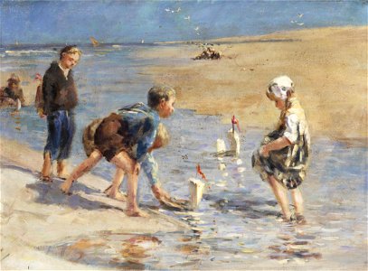 Bernardus Johannes Blommers - Children playing on the beach. Free illustration for personal and commercial use.