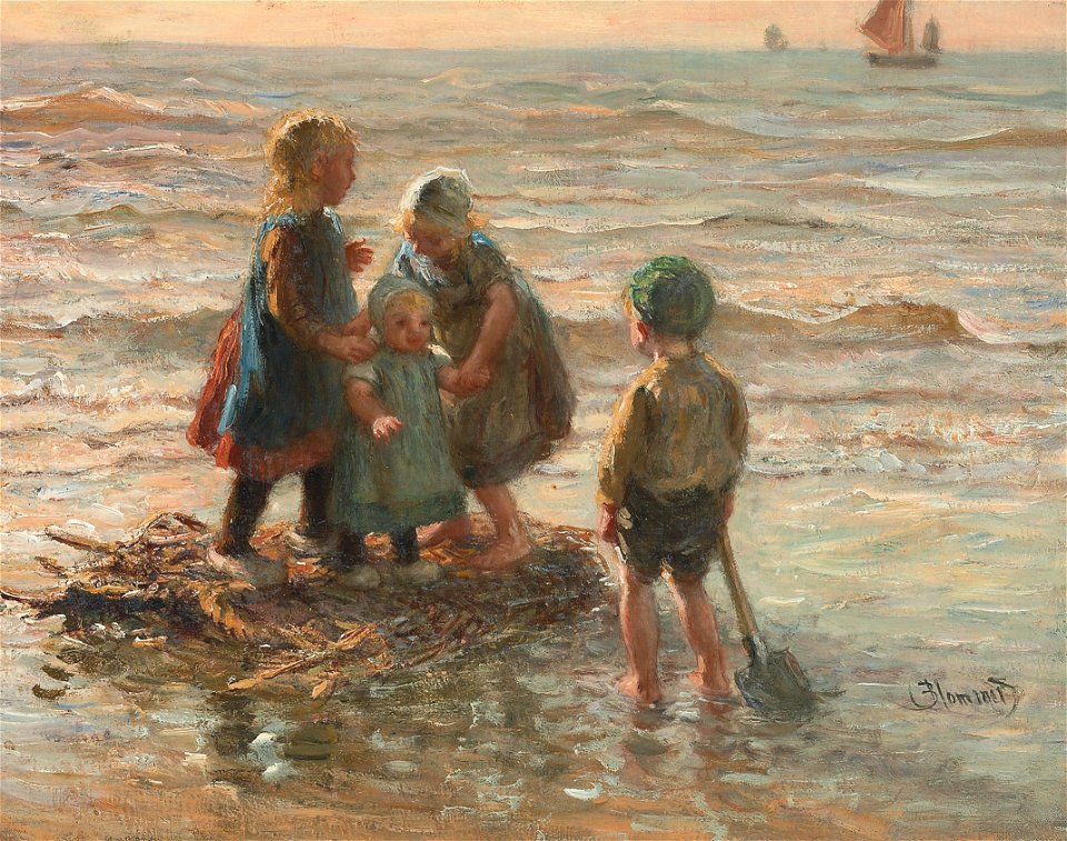 Bernardus Johannes Blommers - Children playing on a raft