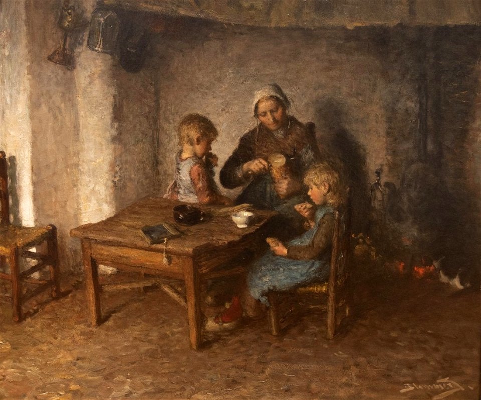 Woman with Children in a Rustic Kitchen Interior by Bernard Blommers