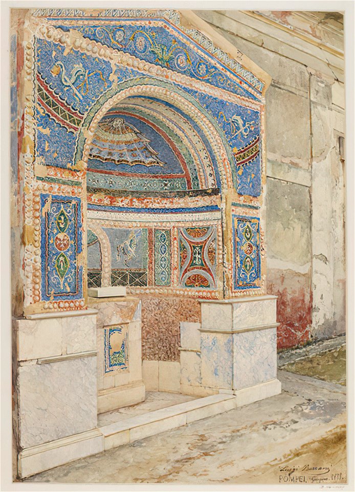 Blue Mosaic fountain in Pompeii watercolor by Luigi Bazzani