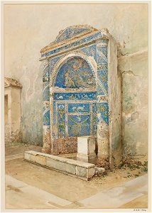 Blue mosaic fountain in Pompeii (2) watercolor by Luigi Bazzani