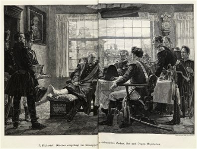 Blücher empfängt bei Genappes die erbeuteten Orden, Hut und Degen Napoleons