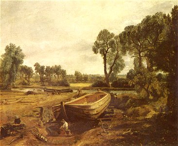 Boat-building near Flatford Mill (Constable). Free illustration for personal and commercial use.