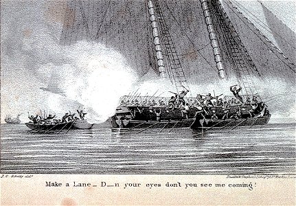 Boarding an enemy vessel from boats. 'Make a Lane - ' (caricature) RMG PW5041
