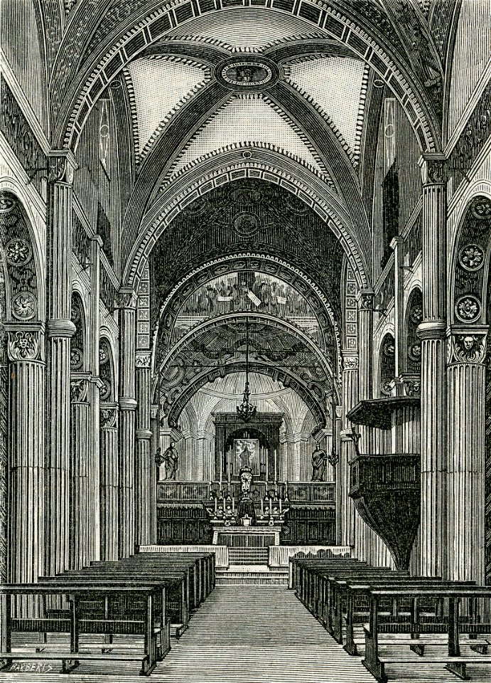Bobbio interno della chiesa di San Colombano xilografia di Barberis