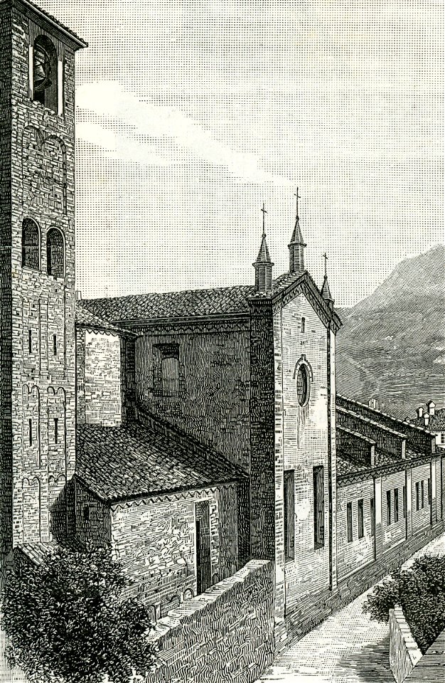 Bobbio lato della chiesa di San Colombano xilografia di Barberis