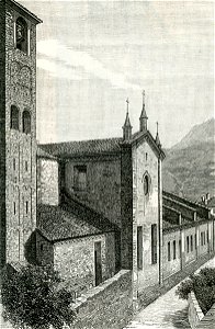 Bobbio lato della chiesa di San Colombano xilografia di Barberis