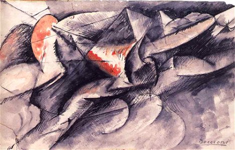 Boccioni - Cavallo +case, 1914. Free illustration for personal and commercial use.