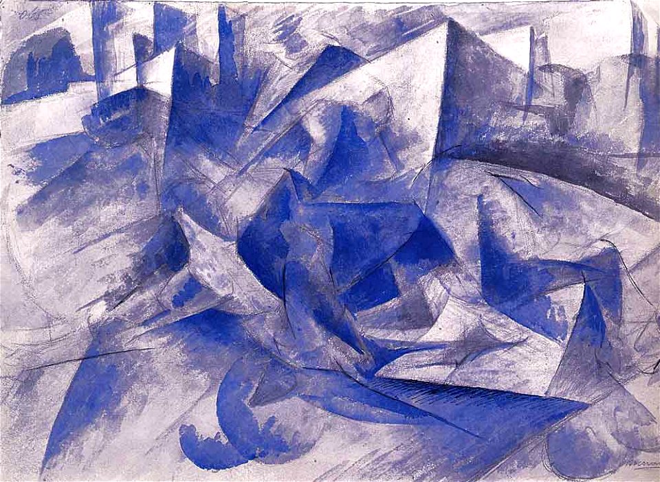 Boccioni - Cavallo + cavaliere + case, 1914