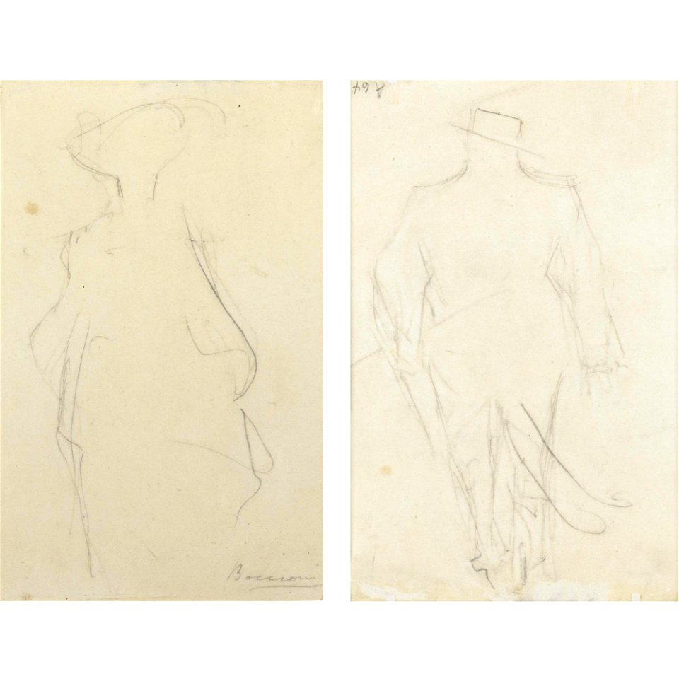 Boccioni - FIGURA FEMMINILE (RECTO) UOMO CON CAPPELLO A LARGHE TESE (VERSO)