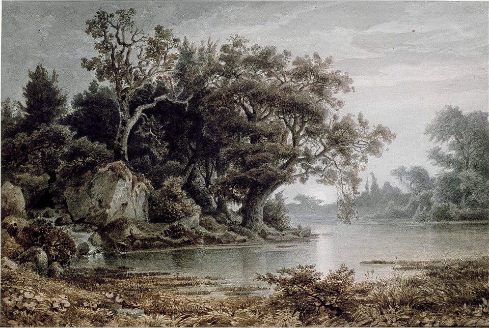 Arnold Böcklin - Waldlandschaft am Wasser bei aufgehendem Mond